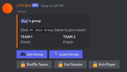 a discord message showing a group with two empty teams, and buttons to leave/join or control the session underneath