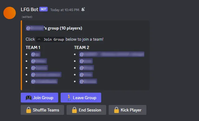 a discord message showing a group with 10 players split between two teams, and buttons to leave/join or control the session underneath
