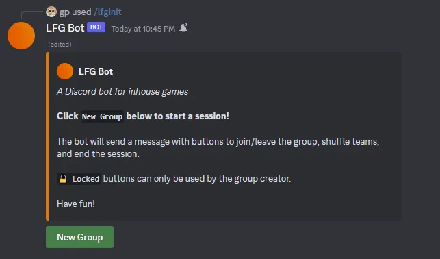 the discord bot's startup message, with a button underneath labelled 'new group'